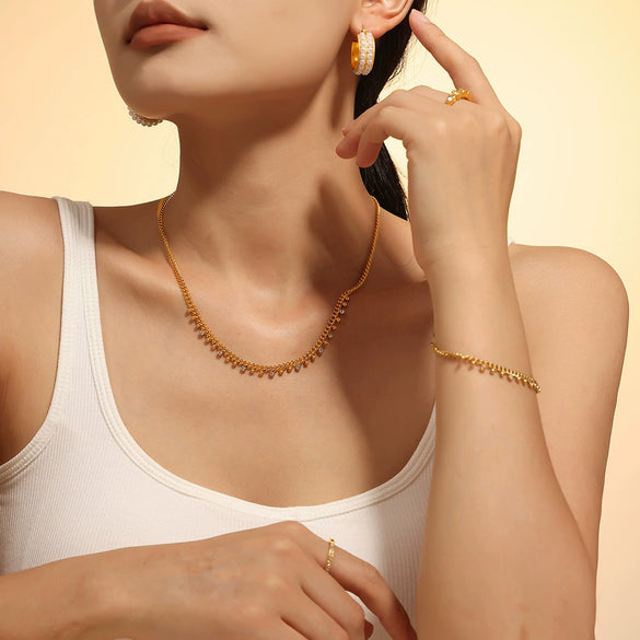 Wholesale Jewelry 316L Stainless Steel Plated 18K Gold Round Bead Spacer Diamond Tassel Necklace And Bracelet