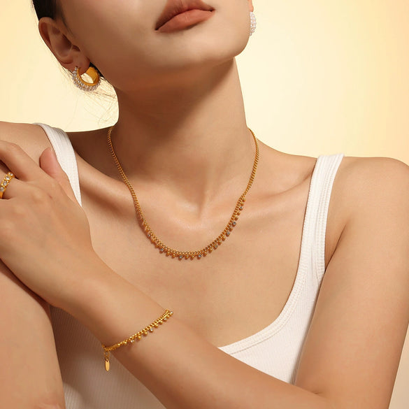 Wholesale Jewelry 316L Stainless Steel Plated 18K Gold Round Bead Spacer Diamond Tassel Necklace And Bracelet