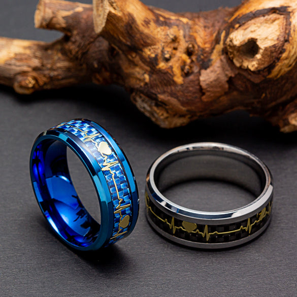 Wholesale Jewelry Titanium Steel Ring With Electrocardiogram Heartbeat Pattern And Dripping Oil Treatment Unisex Inlaid Carbon Fiber With Letters Numbers Text