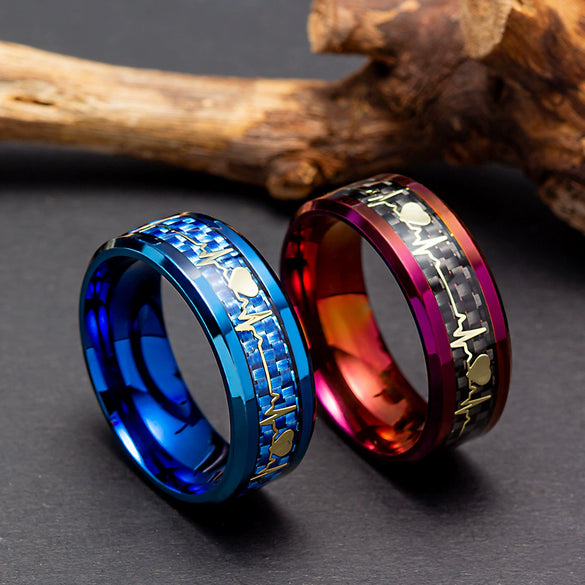Wholesale Jewelry Titanium Steel Ring With Electrocardiogram Heartbeat Pattern And Dripping Oil Treatment Unisex Inlaid Carbon Fiber With Letters Numbers Text