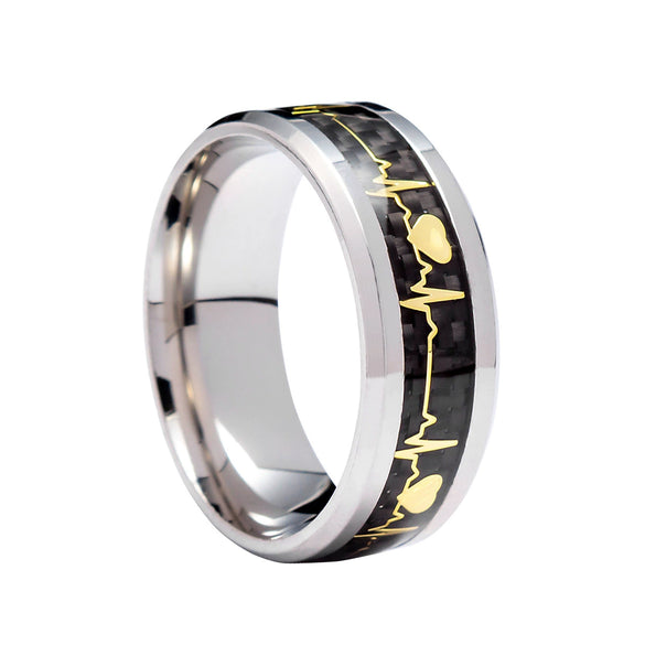 Wholesale Jewelry Titanium Steel Ring With Electrocardiogram Heartbeat Pattern And Dripping Oil Treatment Unisex Inlaid Carbon Fiber With Letters Numbers Text