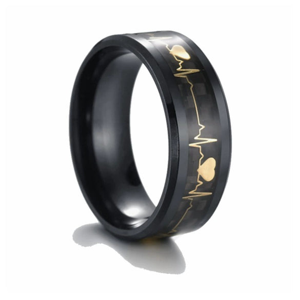 Wholesale Jewelry Titanium Steel Ring With Electrocardiogram Heartbeat Pattern And Dripping Oil Treatment Unisex Inlaid Carbon Fiber With Letters Numbers Text