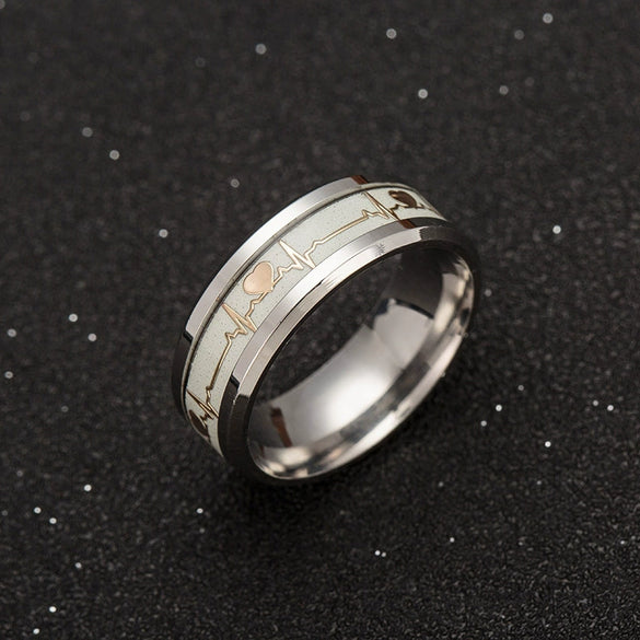 Wholesale Jewelry Titanium Steel Ring With Electrocardiogram Heartbeat Pattern And Dripping Oil Treatment Unisex Inlaid Carbon Fiber With Letters Numbers Text