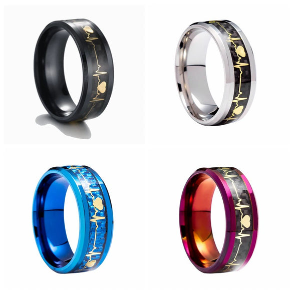 Wholesale Jewelry Titanium Steel Ring With Electrocardiogram Heartbeat Pattern And Dripping Oil Treatment Unisex Inlaid Carbon Fiber With Letters Numbers Text