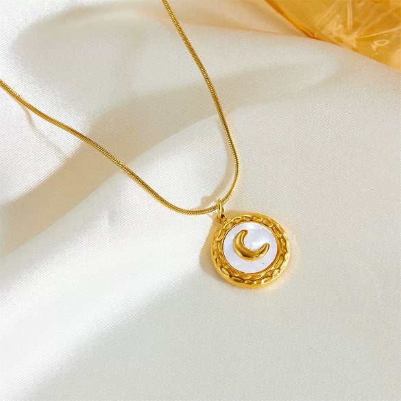 Wholesale Jewelry Titanium Steel Round Shell Moon Snake Bone Style With Stars Sun And Moon Clouds Universe Pattern Electroplated For Women