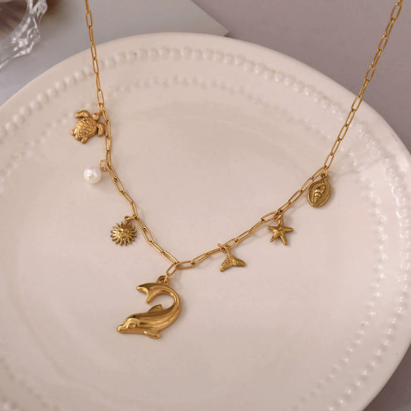 Wholesale Jewelry Titanium Steel Stainless Steel Animal Zodiac Star Shape Fishtail Turtle Pearl Starfish Dolphin Pendant Necklace With Electroplating Sweet Natural Style