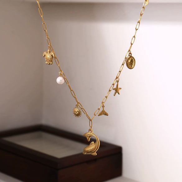 Wholesale Jewelry Titanium Steel Stainless Steel Animal Zodiac Star Shape Fishtail Turtle Pearl Starfish Dolphin Pendant Necklace With Electroplating Sweet Natural Style