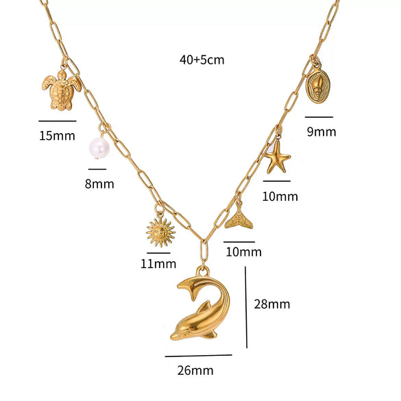 Wholesale Jewelry Titanium Steel Stainless Steel Animal Zodiac Star Shape Fishtail Turtle Pearl Starfish Dolphin Pendant Necklace With Electroplating Sweet Natural Style