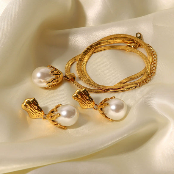Wholesale Jewelry Titanium Steel Stainless Steel Geometric Baroque Pearl Earrings And Necklace Electroplating