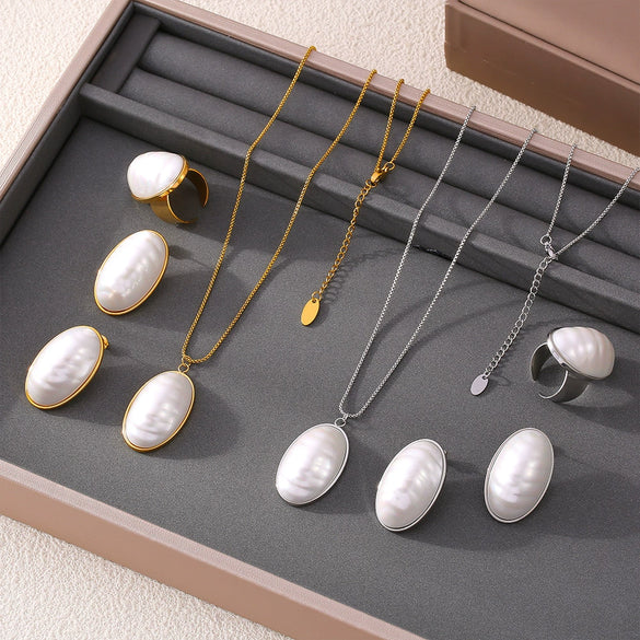 Wholesale Jewelry 316L Stainless Steel Synthetic Fritillaria Ellipse Electroplated Light Luxury Women's Pendant Collarbone Necklace Ring Earrings