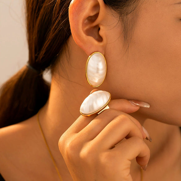 Wholesale Jewelry 316L Stainless Steel Synthetic Fritillaria Ellipse Electroplated Light Luxury Women's Pendant Collarbone Necklace Ring Earrings