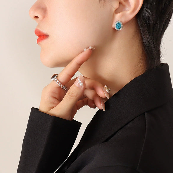 Wholesale Jewelry 316L Stainless Steel Turquoise Opalite Inlaid Cat's Eye Retro Geometric Style For Women