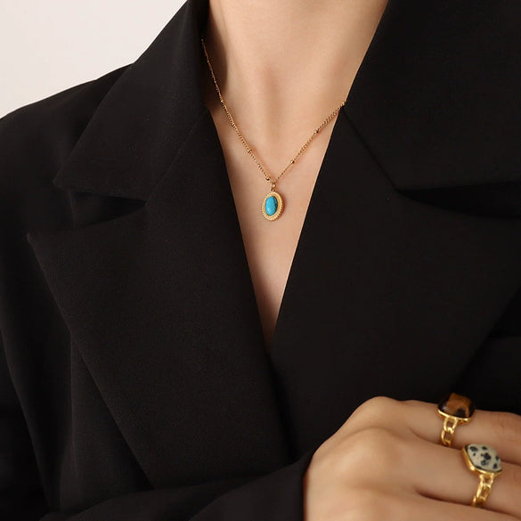 Wholesale Jewelry 316L Stainless Steel Turquoise Opalite Inlaid Cat's Eye Retro Geometric Style For Women