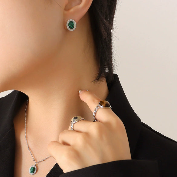 Wholesale Jewelry 316L Stainless Steel Turquoise Opalite Inlaid Cat's Eye Retro Geometric Style For Women
