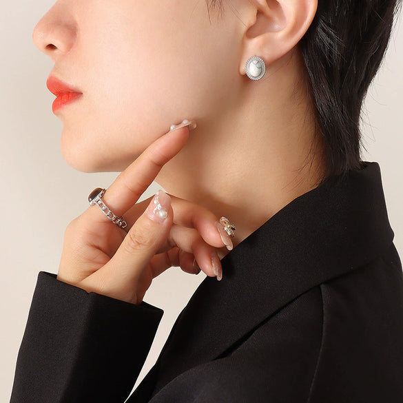 Wholesale Jewelry 316L Stainless Steel Turquoise Opalite Inlaid Cat's Eye Retro Geometric Style For Women