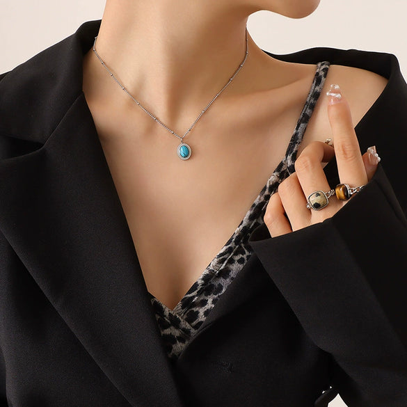 Wholesale Jewelry 316L Stainless Steel Turquoise Opalite Inlaid Cat's Eye Retro Geometric Style For Women