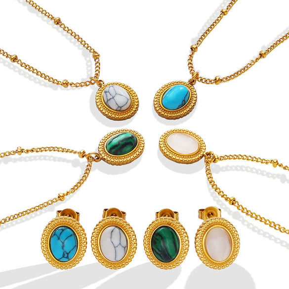 Wholesale Jewelry 316L Stainless Steel Turquoise Opalite Inlaid Cat's Eye Retro Geometric Style For Women