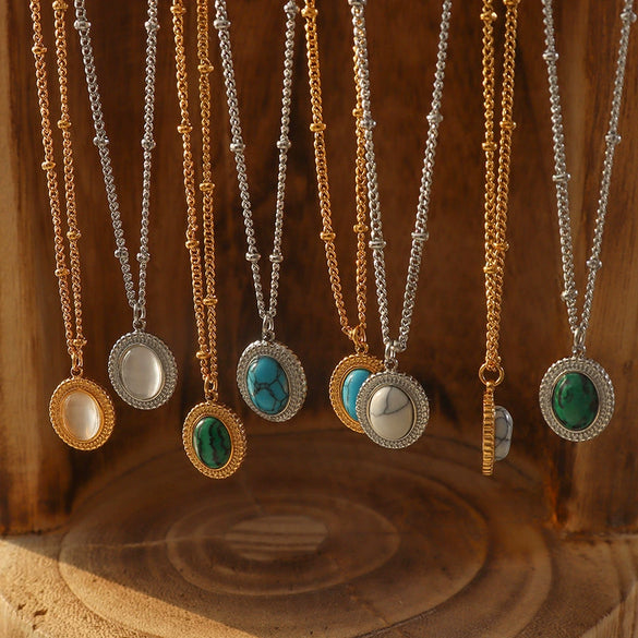 Wholesale Jewelry 316L Stainless Steel Turquoise Opalite Inlaid Cat's Eye Retro Geometric Style For Women