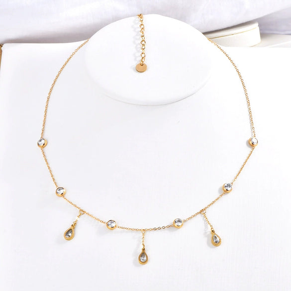 Wholesale Jewelry Titanium Steel Water Drop Pendant Necklace With Colorful Zircon Tassel Electroplated With Animal Zodiac And Cartoon Character Geometric Patterns