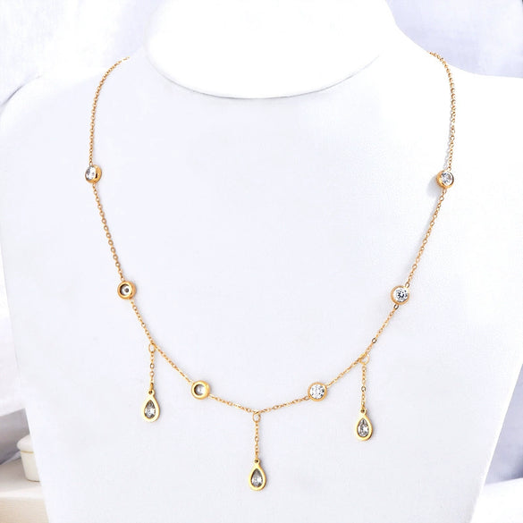 Wholesale Jewelry Titanium Steel Water Drop Pendant Necklace With Colorful Zircon Tassel Electroplated With Animal Zodiac And Cartoon Character Geometric Patterns