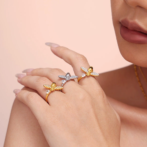 Wholesale Jewelry 316L Stainless Steel Zircon Drip Oil Industrious Little Bee Light Luxury Electroplated Necklace Bracelet Ring Earrings Set For Women