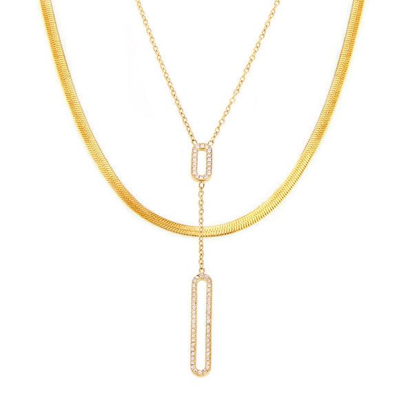 Wholesale Jewelry 316L Stainless Steel Zircon Geometric Hollow Rectangular Double Clavicle Necklace 18K Gold Plated