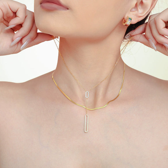 Wholesale Jewelry 316L Stainless Steel Zircon Geometric Hollow Rectangular Double Clavicle Necklace 18K Gold Plated