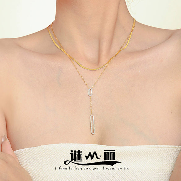 Wholesale Jewelry 316L Stainless Steel Zircon Geometric Hollow Rectangular Double Clavicle Necklace 18K Gold Plated