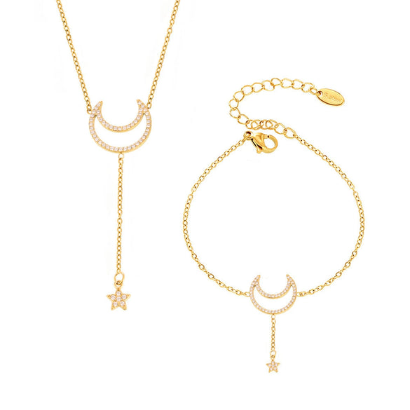 Wholesale Jewelry 316L Stainless Steel Zircon Star Geometric Style Double Clavicle Necklace And Bracelet With Electroplating Treatment