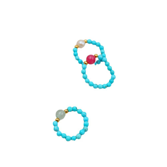 Wholesale Jewelry Turquoise Elastic Rope Freshwater Pearl Geometric Retro Handmade Ring