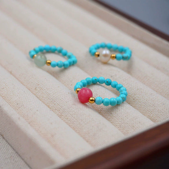Wholesale Jewelry Turquoise Elastic Rope Freshwater Pearl Geometric Retro Handmade Ring