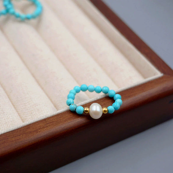 Wholesale Jewelry Turquoise Elastic Rope Freshwater Pearl Geometric Retro Handmade Ring