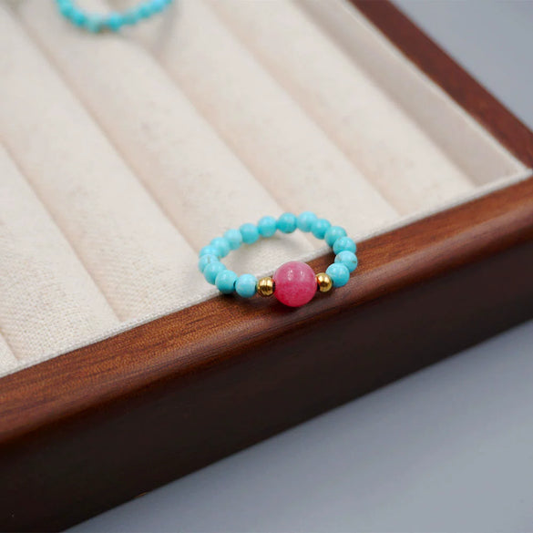 Wholesale Jewelry Turquoise Elastic Rope Freshwater Pearl Geometric Retro Handmade Ring