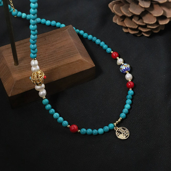 Wholesale Jewelry Turquoise Geometric Ball Chain Electroplating Mixed Gemstone Setting Women's Necklace And Bracelet