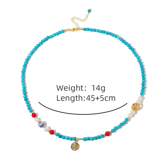 Wholesale Jewelry Turquoise Geometric Ball Chain Electroplating Mixed Gemstone Setting Women's Necklace And Bracelet