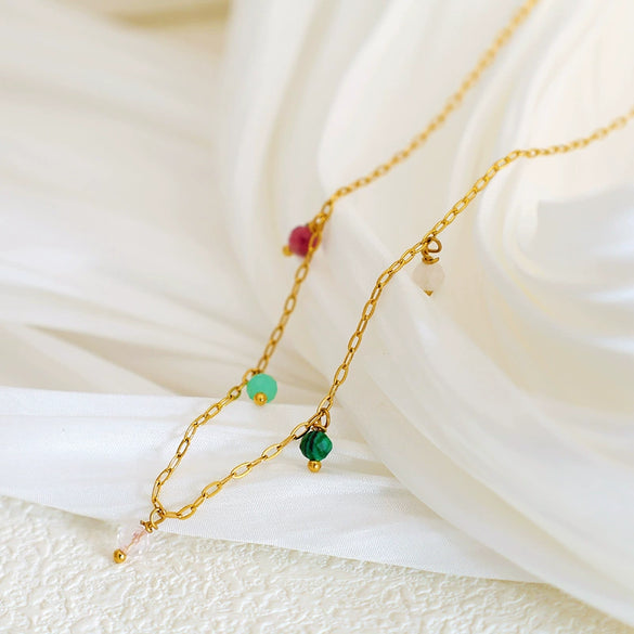 Wholesale Jewelry Turquoise Pink Crystal Amethyst Beads Multipendant Necklace Titanium Steel Electroplating Geometric Style For Women