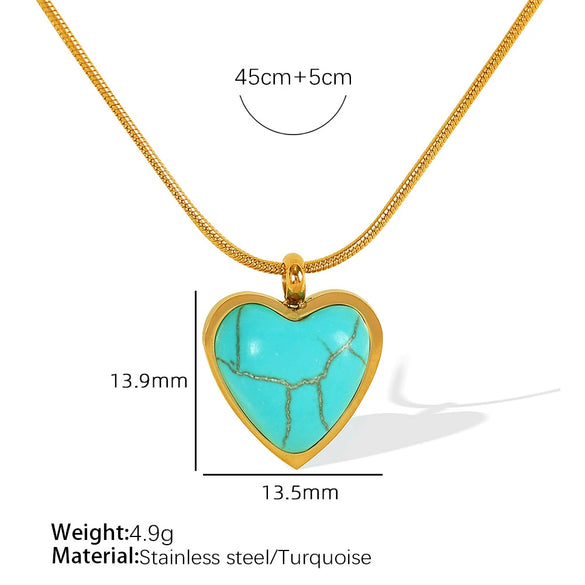 Wholesale Jewelry Turquoise 316L Stainless Steel Heartshaped Pendant Necklace Gem Inlaid