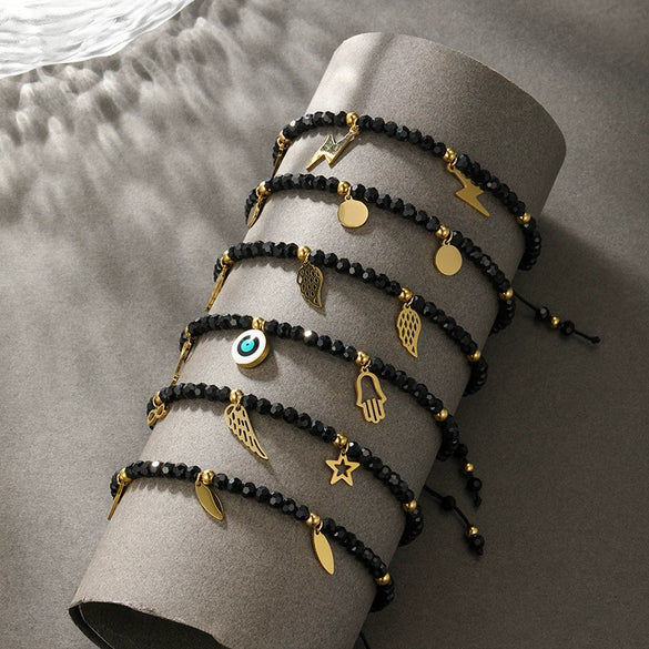 Wholesale Jewelry Unisex Black Rope Beaded Bracelets Titanium Steel Electroplating