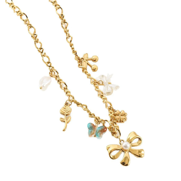 Wholesale Jewelry Vacation Beach Modern Style Heart Shape Bow Knot Titanium Steel Multi Charms Necklace Chain-Free