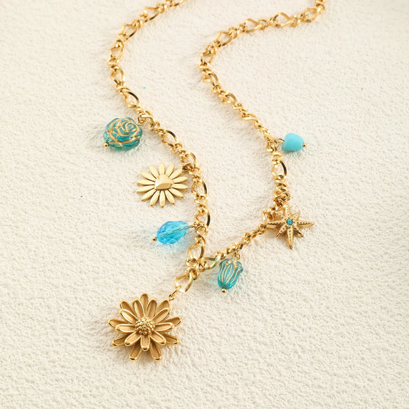 Wholesale Jewelry Vacation Beach Modern Style Heart Shape Bow Knot Titanium Steel Multi Charms Necklace Chain-Free