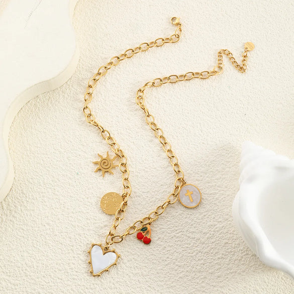 Wholesale Jewelry Vacation Beach Modern Style Heart Shape Bow Knot Titanium Steel Multi Charms Necklace Chain-Free