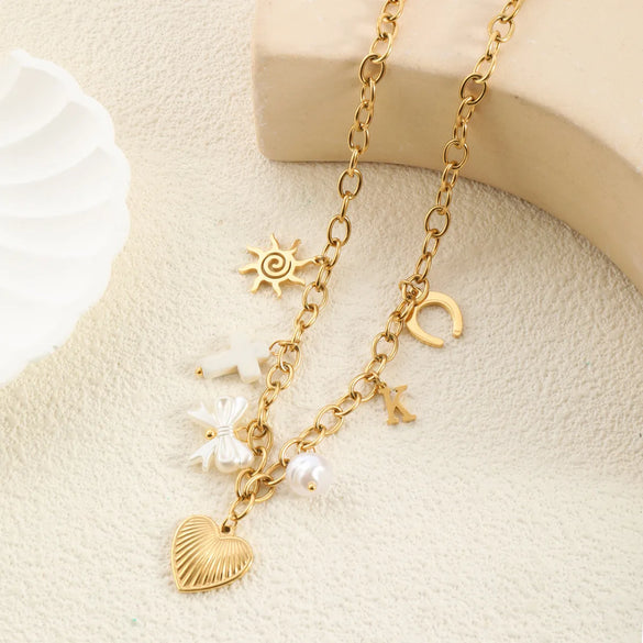 Wholesale Jewelry Vacation Beach Modern Style Heart Shape Bow Knot Titanium Steel Multi Charms Necklace Chain-Free