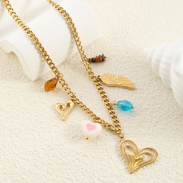 Wholesale Jewelry Vacation Beach Modern Style Heart Shape Bow Knot Titanium Steel Multi Charms Necklace Chain-Free