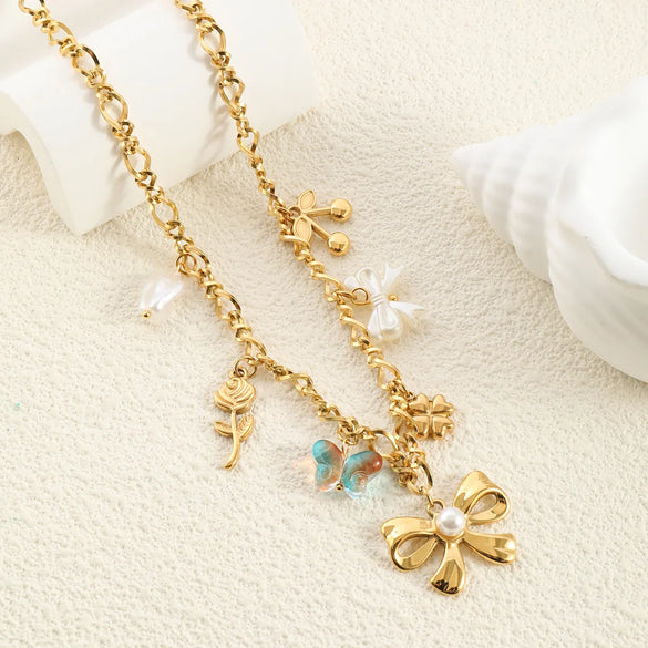 Wholesale Jewelry Vacation Beach Modern Style Heart Shape Bow Knot Titanium Steel Multi Charms Necklace Chain-Free