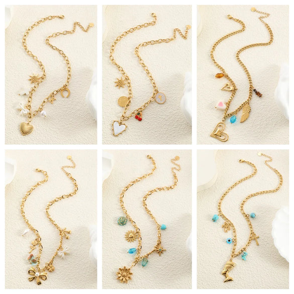 Wholesale Jewelry Vacation Beach Modern Style Heart Shape Bow Knot Titanium Steel Multi Charms Necklace Chain-Free