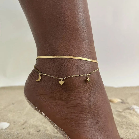 Wholesale Jewelry Vacation Sweet Moon Heart Shape 201 Stainless Steel Gold Plated Plating Anklet