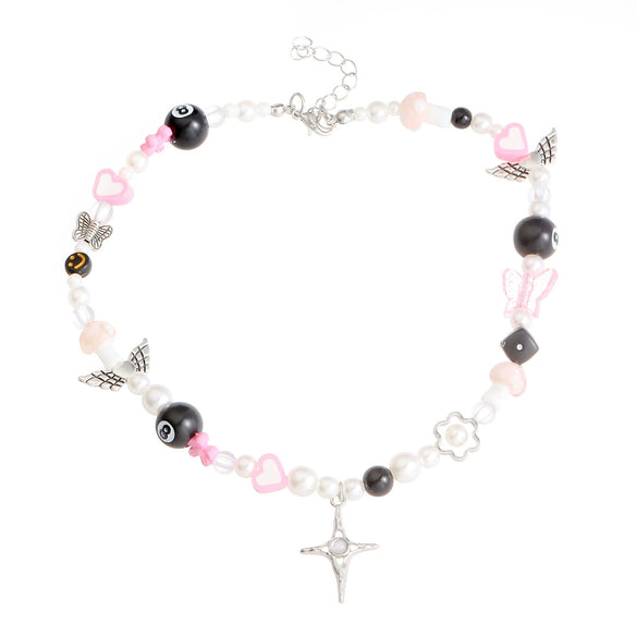 Wholesale Jewelry Vintage Gothic Y2k Alloy Butterfly Cross Star Flower Pendant Pearl Beaded Necklace For Girls Handmade With Geometric Rhombus Pattern
