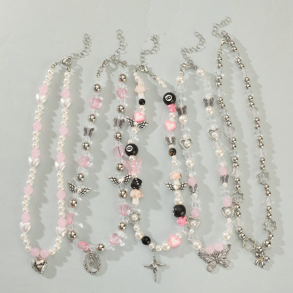 Wholesale Jewelry Vintage Gothic Y2k Alloy Butterfly Cross Star Flower Pendant Pearl Beaded Necklace For Girls Handmade With Geometric Rhombus Pattern