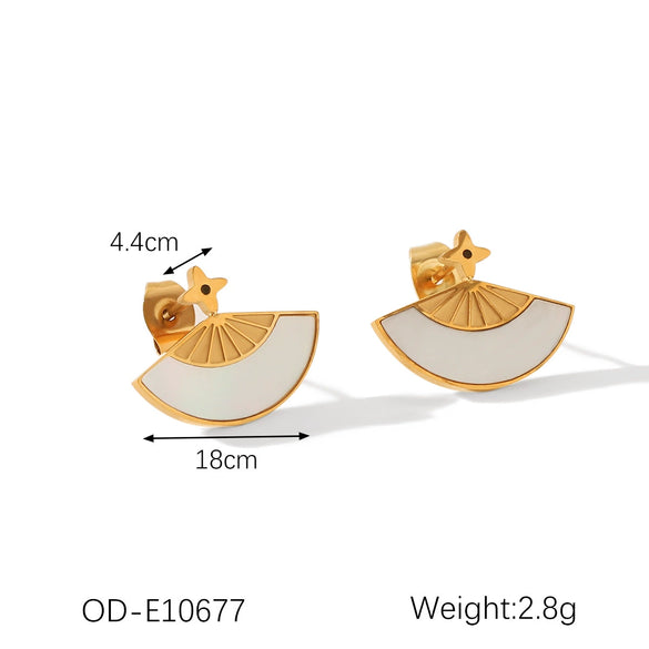 Wholesale Jewelry Vintage Highend Stainless Steel 18K Gold Plated Ochain Pendant Necklace And Earrings With Shell Inlay And Sector Pattern