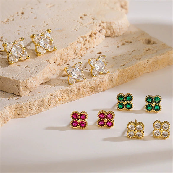 Wholesale Jewelry Vintage Light Luxury Copper Fourleaf Clover Geometric Earrings For Women